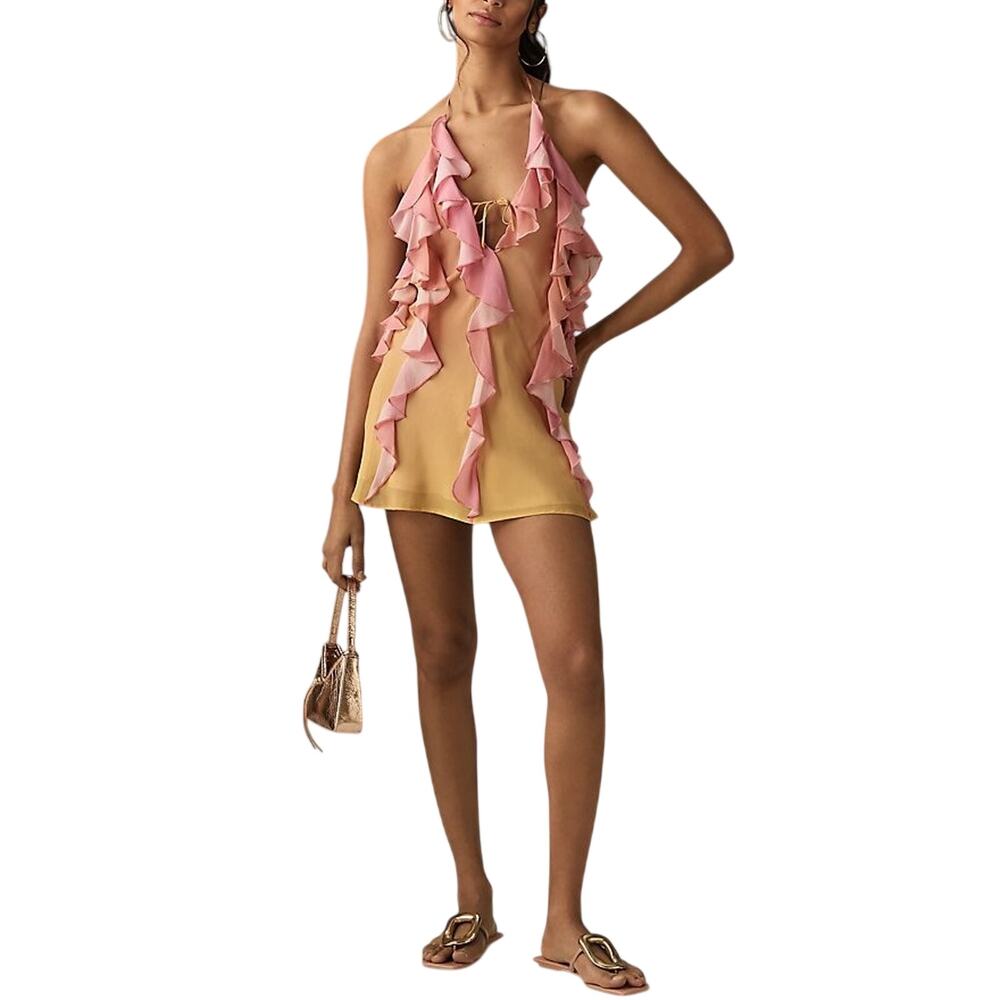 Delfi Collective Ruffled Pink Combo Halter Dress Size M